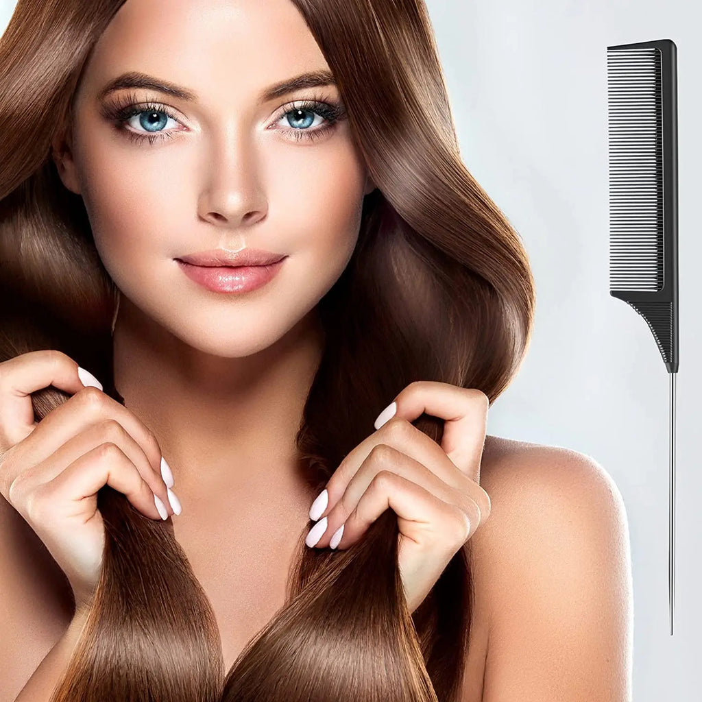 3 Packs Rat Tail Comb Steel Pin Rat Tail Carbon Fiber Heat Resistant Teasing Combs with Stainless Steel Pintail