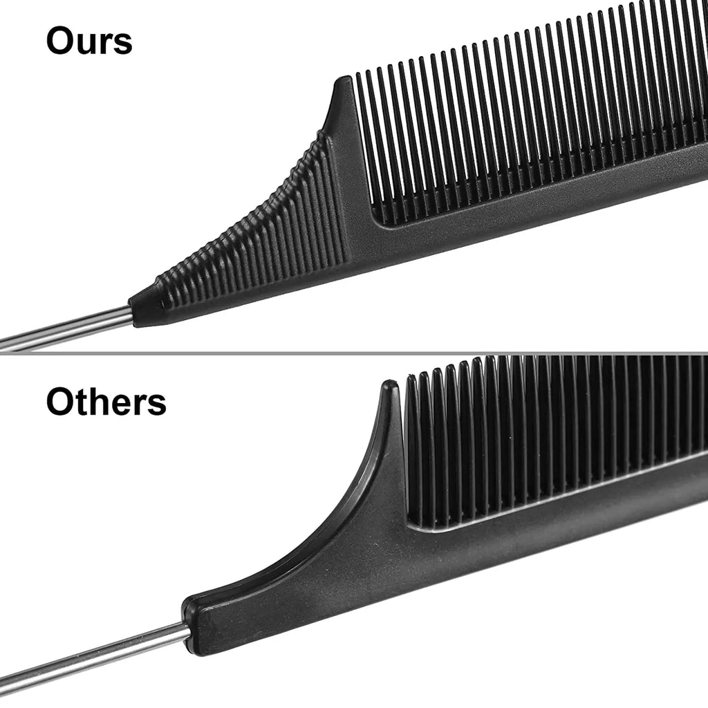3 Packs Rat Tail Comb Steel Pin Rat Tail Carbon Fiber Heat Resistant Teasing Combs with Stainless Steel Pintail