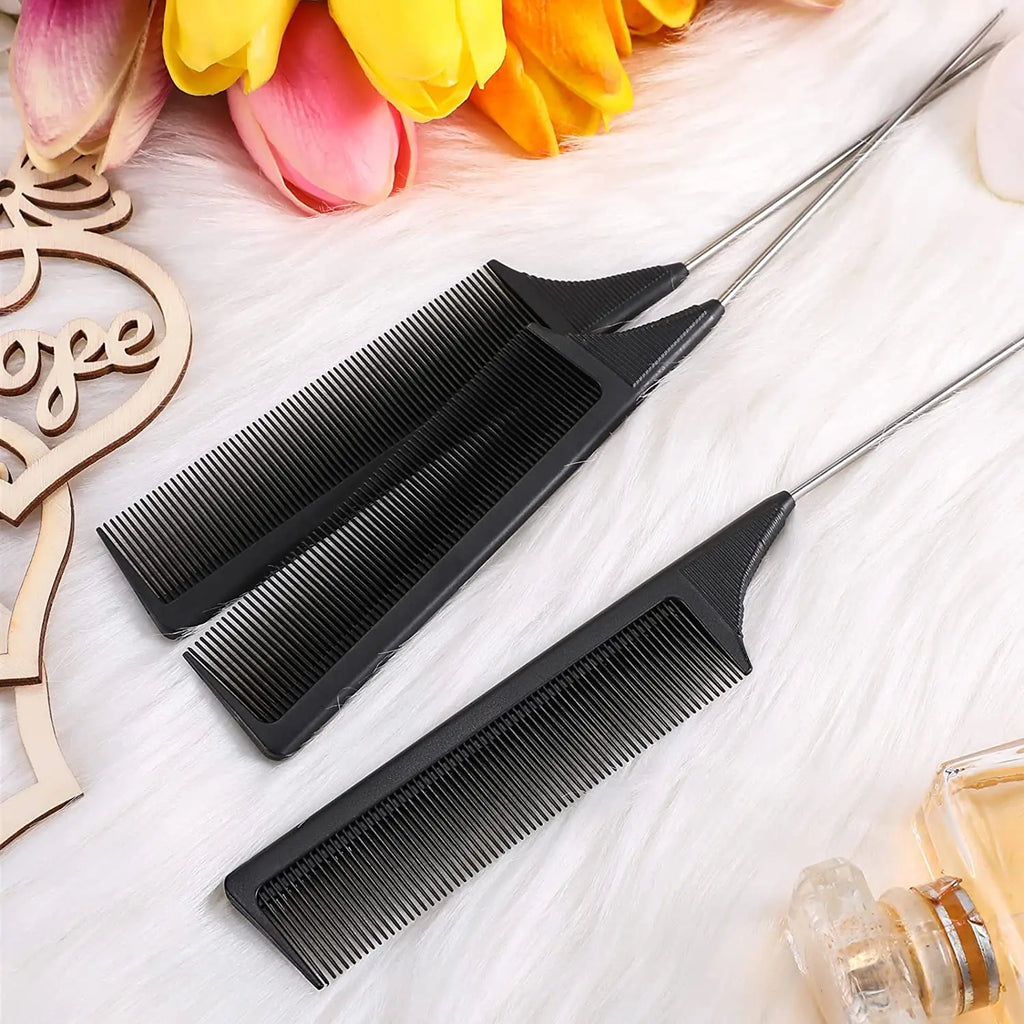 3 Packs Rat Tail Comb Steel Pin Rat Tail Carbon Fiber Heat Resistant Teasing Combs with Stainless Steel Pintail