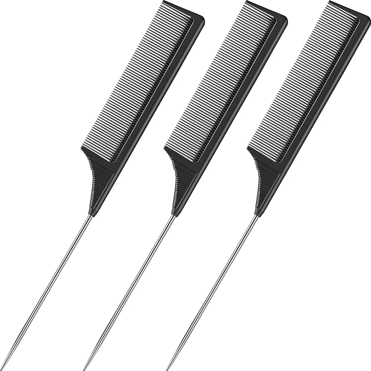 3 Packs Rat Tail Comb Steel Pin Rat Tail Carbon Fiber Heat Resistant Teasing Combs with Stainless Steel Pintail
