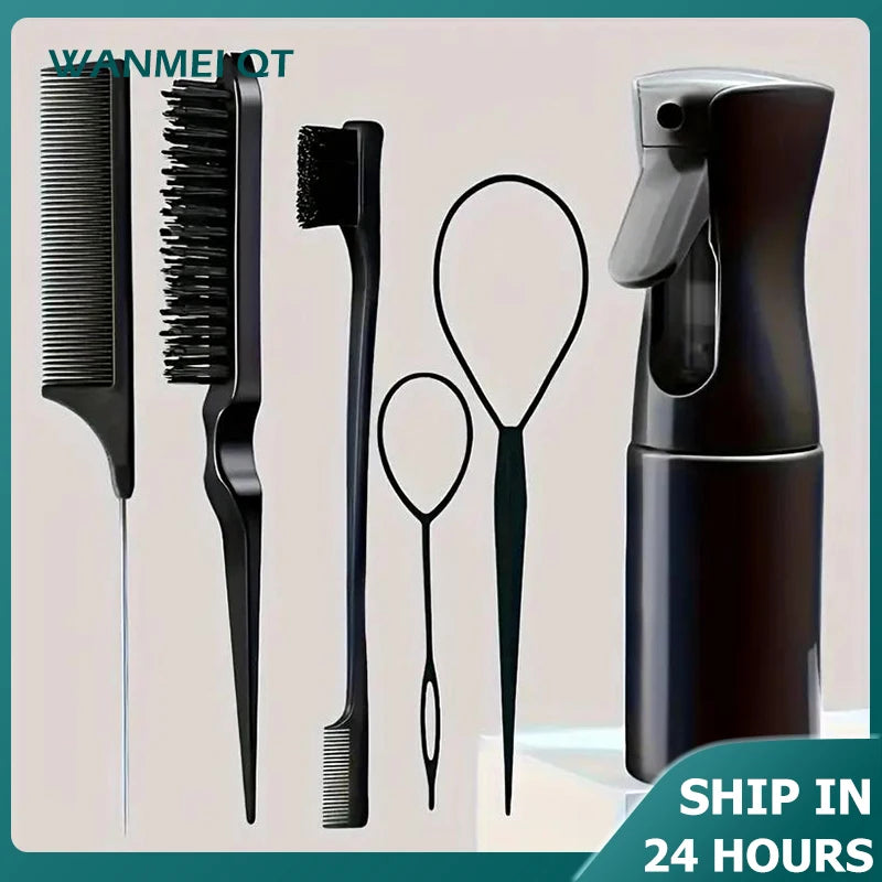 4-Piece Hair Styling Comb Set - Includes Rat Tail  Edge Brush & Smooth Black Brush Barber Styling Tools for All Hair Types