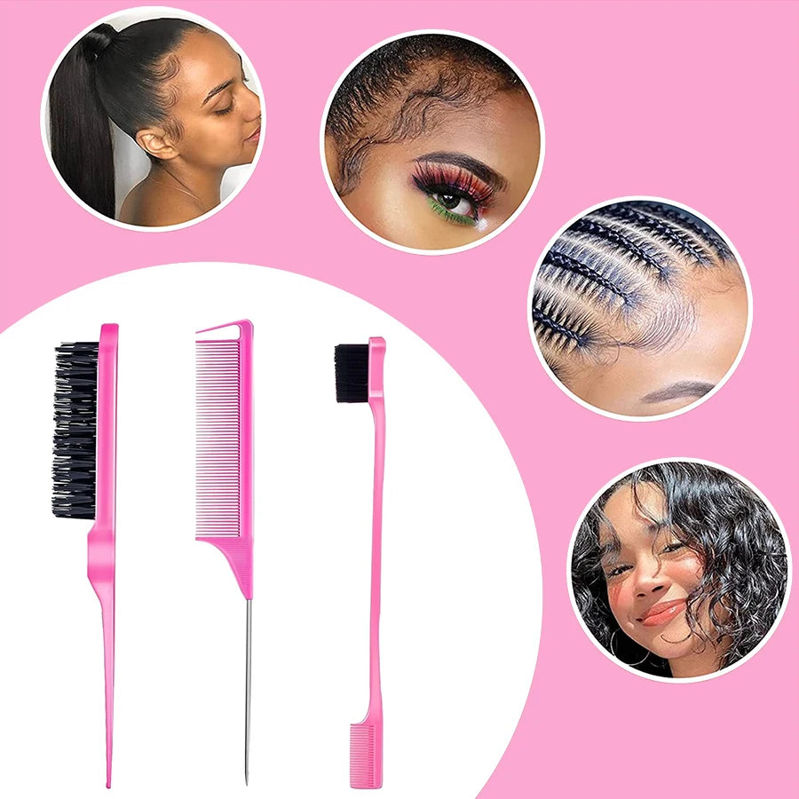 3pcs/set Comb Kit Fine Tooth Dual Edge Control Defines Tame Hair Flyaway Bristle Brush Rat Tail Comb For Hairstyle Salon