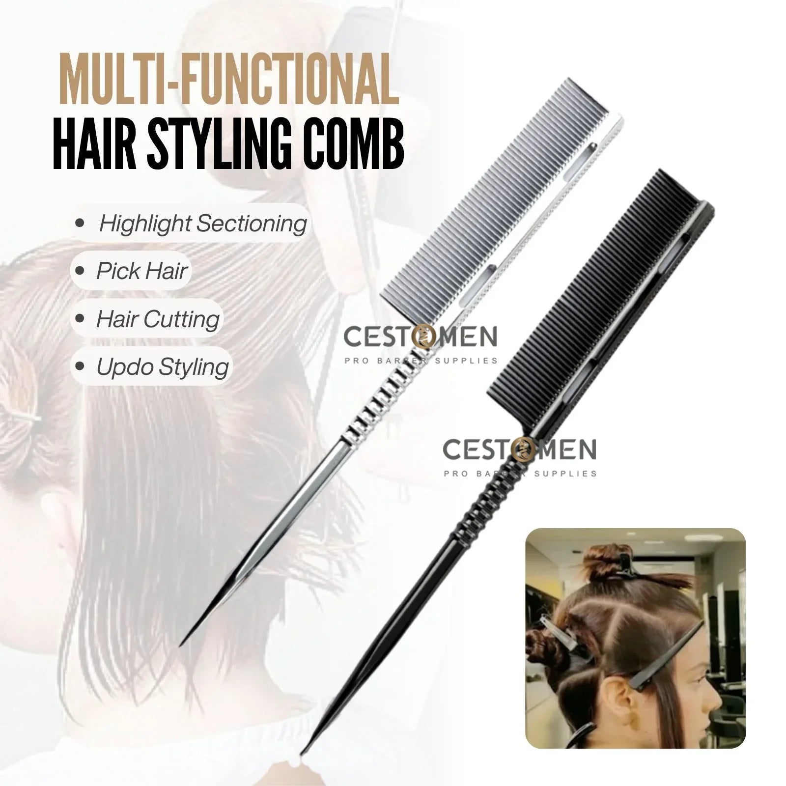 New Design Rat Tail Aluminium Styling Comb Professional Barber Heat Resistant Men Hair Combs Salon Hairdresser Tools For Women