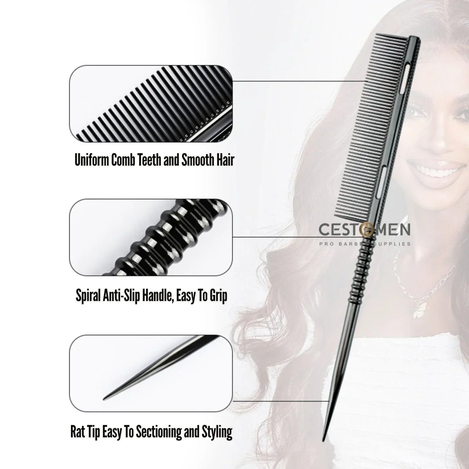 New Design Rat Tail Aluminium Styling Comb Professional Barber Heat Resistant Men Hair Combs Salon Hairdresser Tools For Women