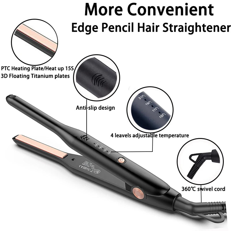 Pencil Flat Iron 3/10" Small Iron for Short Hair Pixie Cut and Bangs Tiny Beard Straightener with Dual Voltage Mini Hair Edges